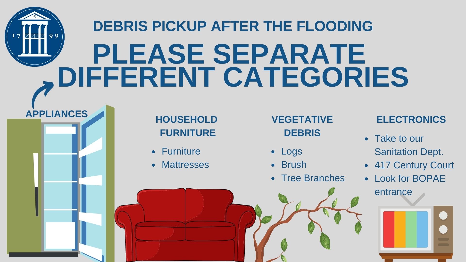 flood collection items, appliances, household furniture, vegetative debris, electronics