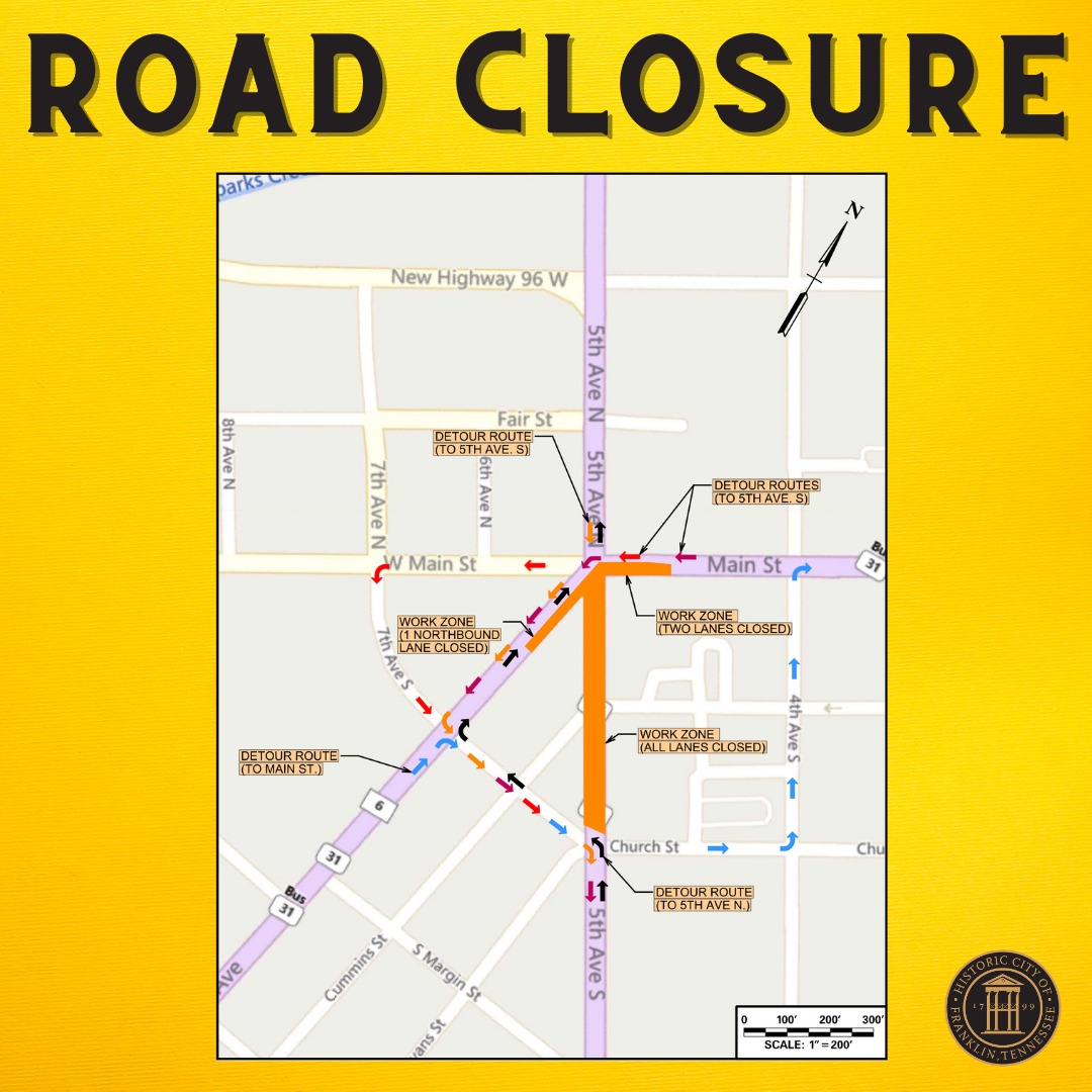 Road Closure Map 5th Ave Downtown Franklin from Church Street to Main Street to